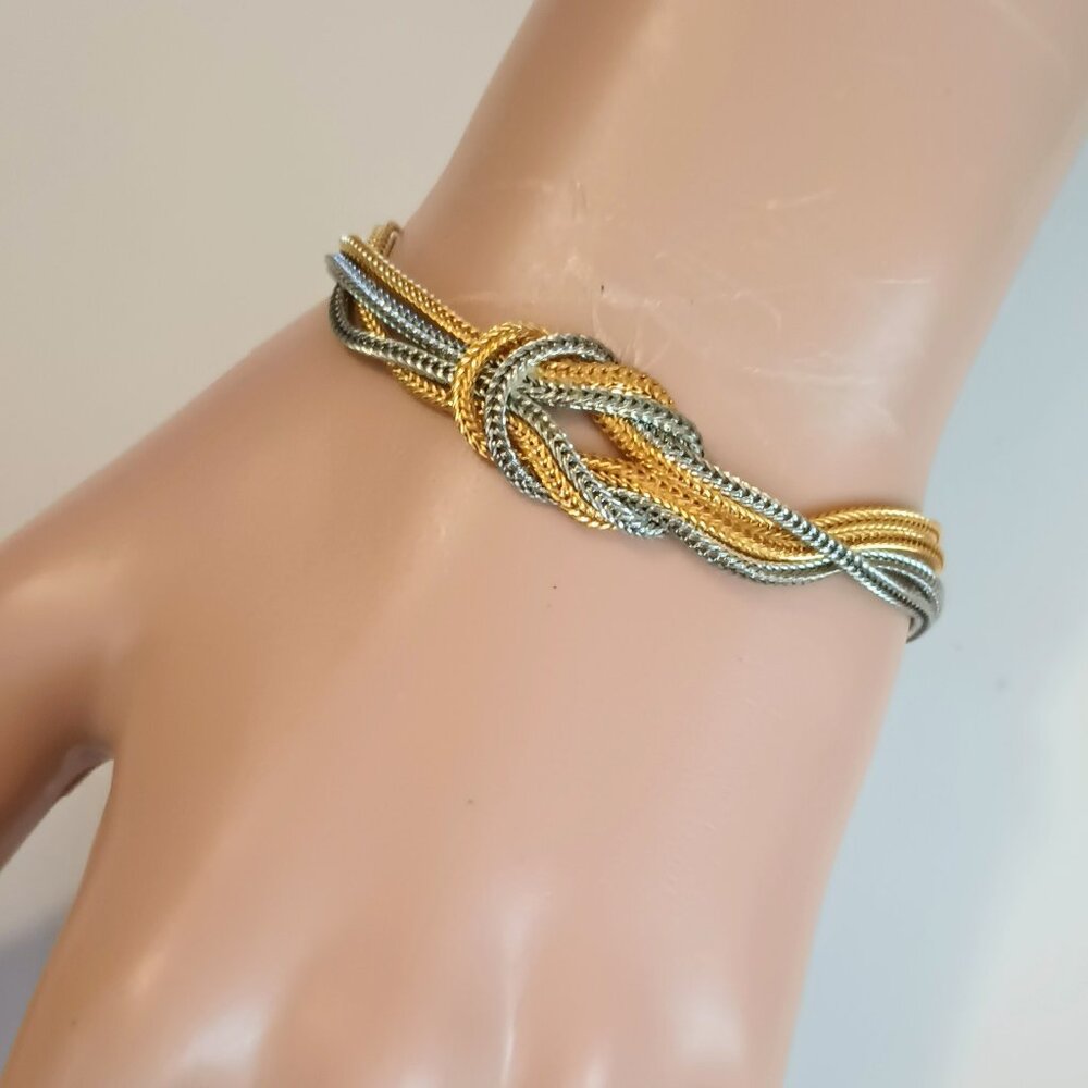 Capri Two-Tone Knot Bracelet 7" Gold Silver Tone 4-Strand Herringbone Jewelry